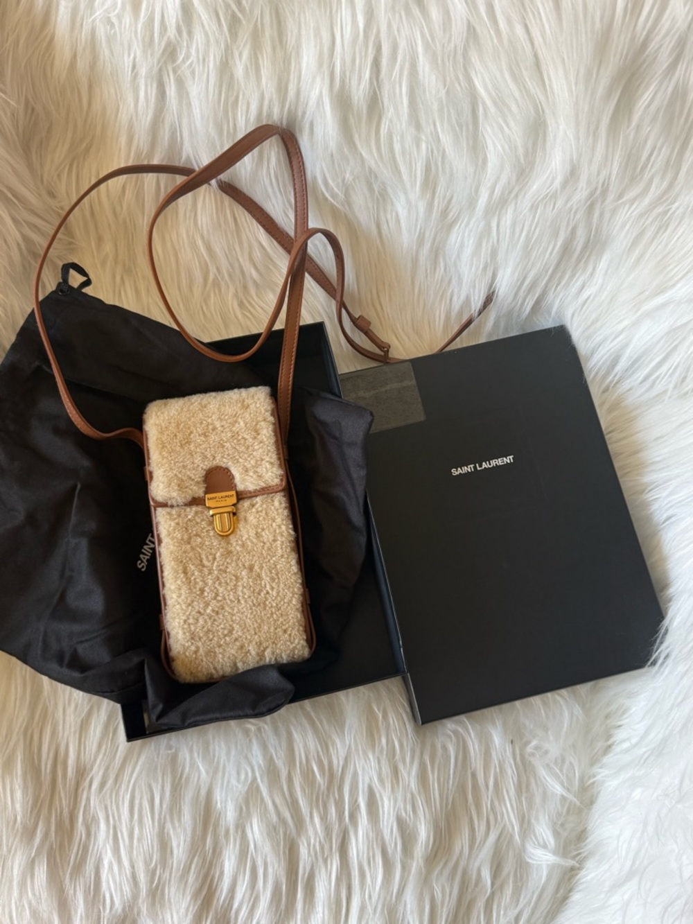 Saint Laurent YSL Shearling Phone Holder Crossbody
